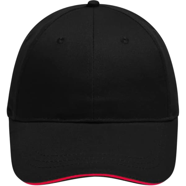 A black 6-panel brushed sandwich cap with a red underbrim and a logo on the front.