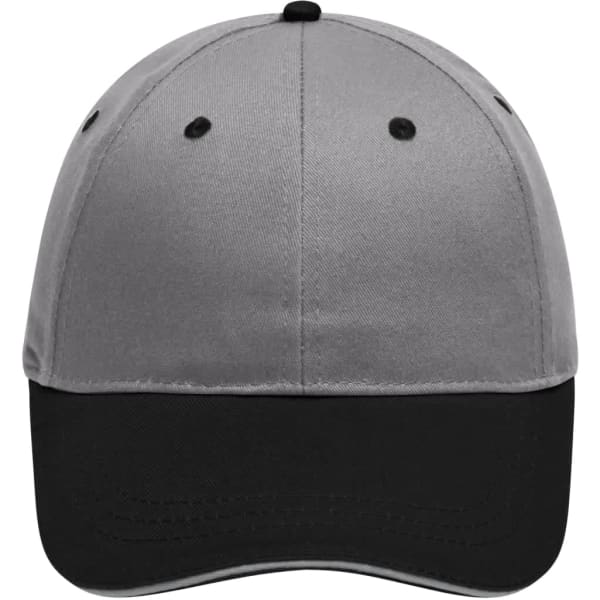 A grey and black six-panel brushed sandwich cap with a logo on the front.