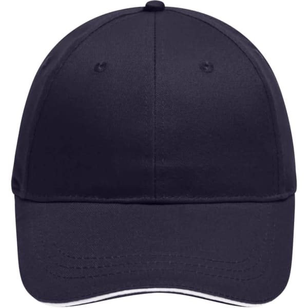 A navy blue six-panel brushed sandwich cap with a curved brim and a logo on the front.