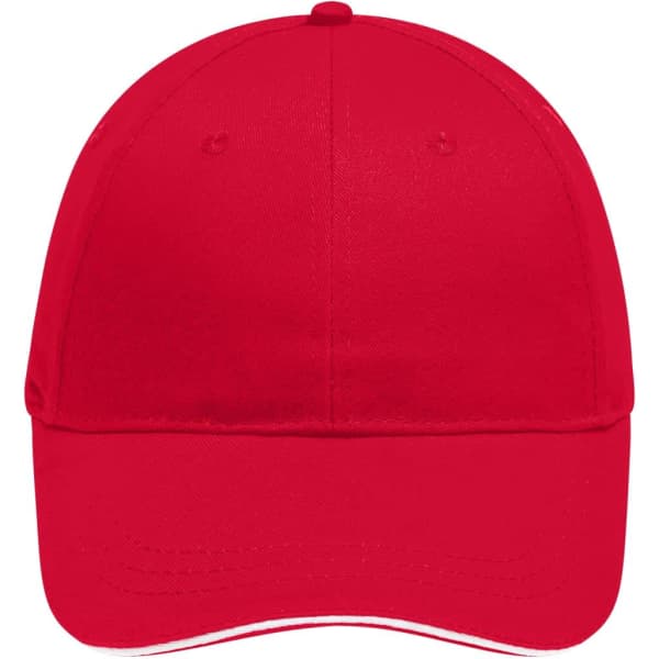 A red 6 panel brushed sandwich cap featuring a curved peak and a logo on the front.