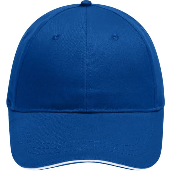 A blue 6-panel brushed sandwich cap with a curved brim and an emblem on the front.
