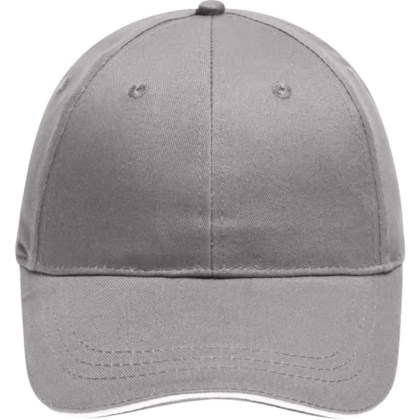 A grey 6-panel brushed sandwich cap featuring a curved brim and a logo on the front.