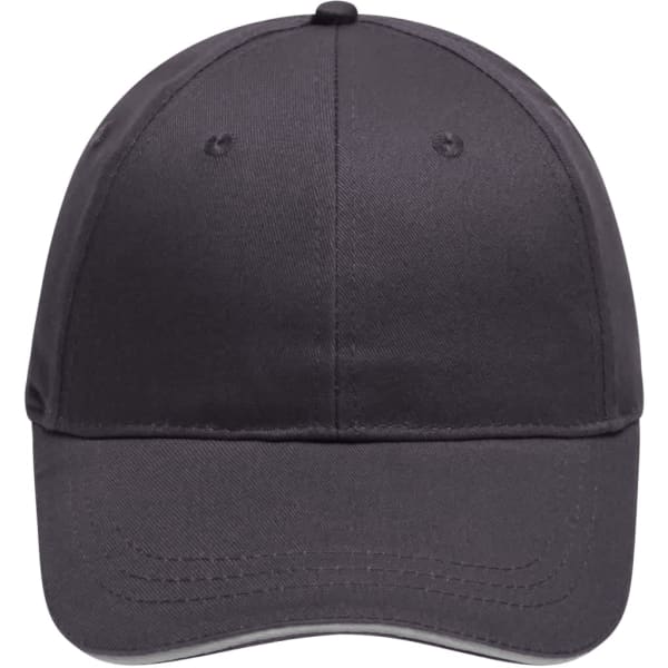 A black 6 panel brushed sandwich cap featuring a curved brim and a logo on the front.