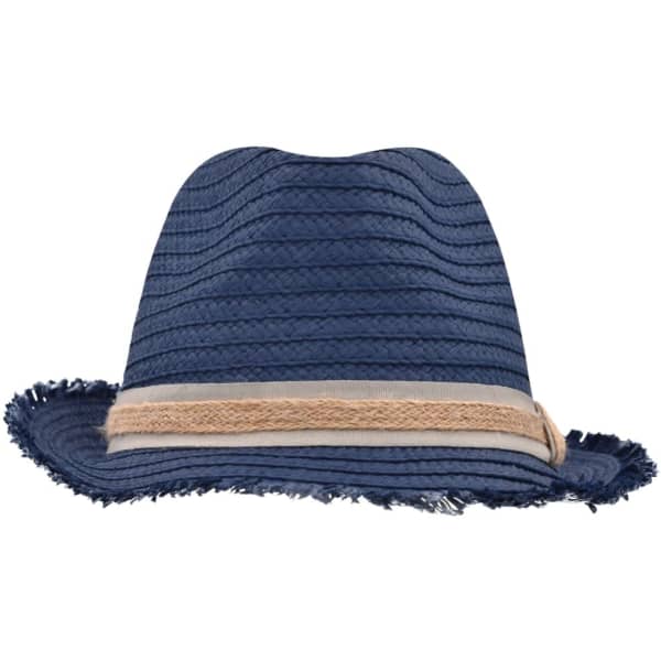 A trendy summer hat in navy blue with a beige band and frayed edges, featuring a logo on the side.