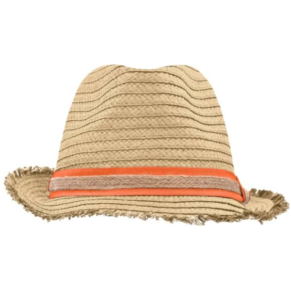 A trendy straw hat in beige with a vibrant orange band around the crown. Features a fringe trim on the brim.