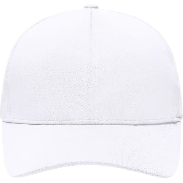 A white 6-panel sport mesh cap with a logo on the front and a curved brim.