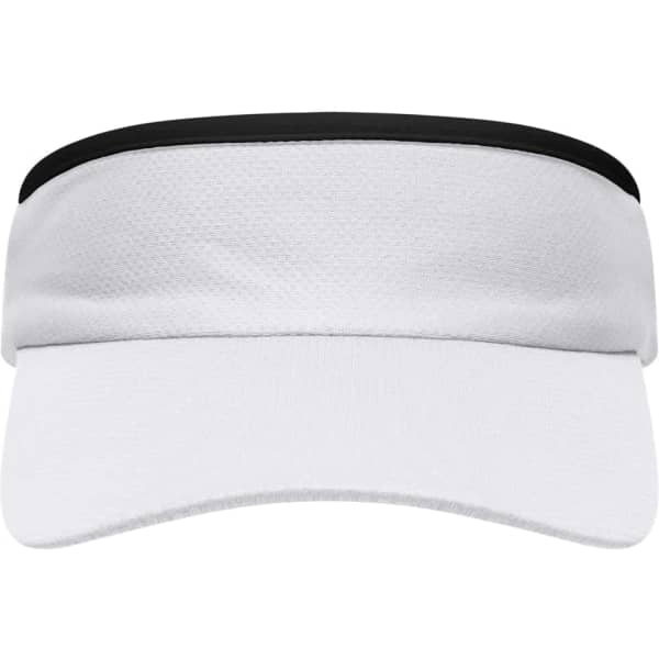 A white sport sunvisor with a black trim features a curved visor and a simple design. It includes a logo.