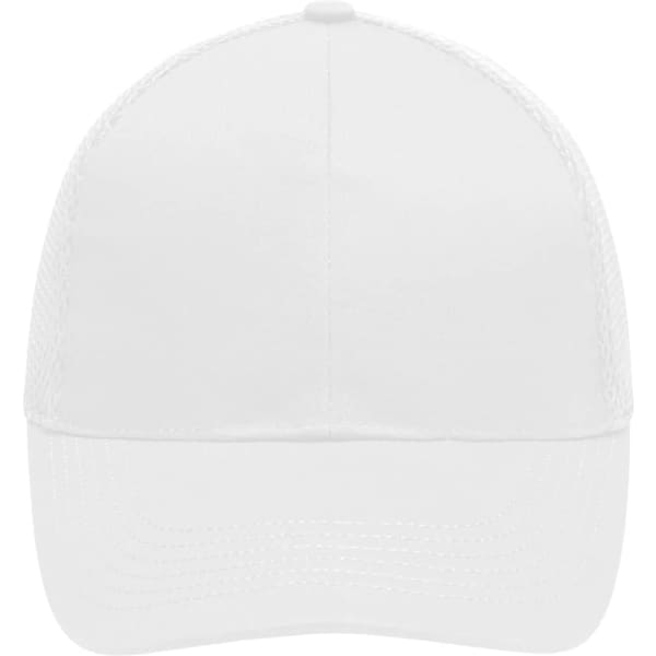 A white 6-panel air mesh cap with a structured design and a curved brim, featuring a logo on the front.