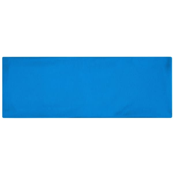 A blue running headband with a smooth texture, featuring a logo on one side.
