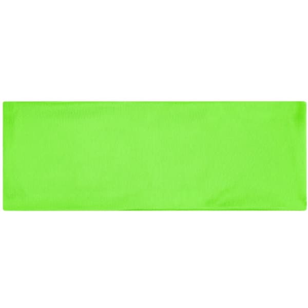 A bright green running headband featuring a simple design with a branding logo.