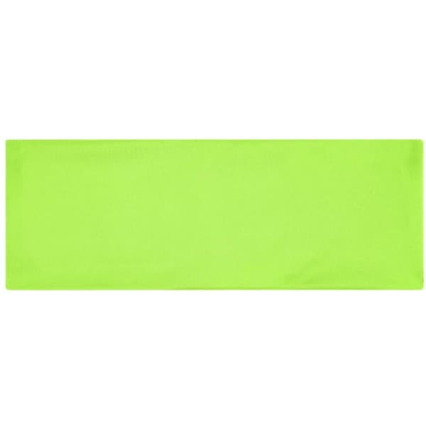 A bright green running headband featuring a sleek design and a branding logo.