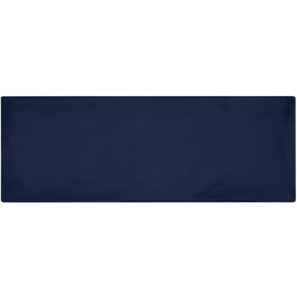 A navy blue running headband featuring a simple design and a logo.