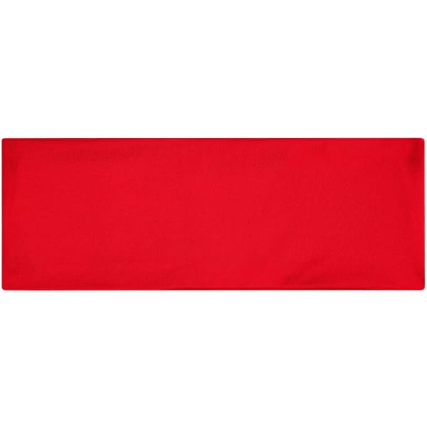 A red running headband featuring a logo, designed for comfort and performance.