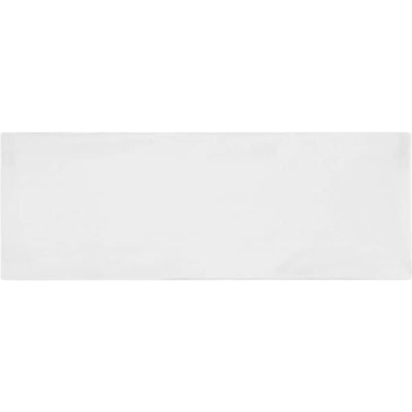 A white running headband featuring a logo, designed for comfort and style during physical activities.