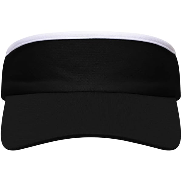 A black sport sunvisor with a white band around the top and a curved brim. It features a logo on the front.