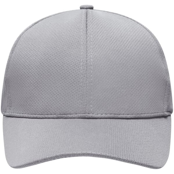 A grey 6-panel sport mesh cap with a structured design and a curved brim, featuring a logo on the front.