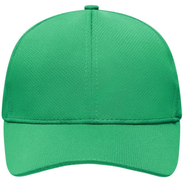 A green 6-panel sport mesh cap with a curved brim and a logo on the front.