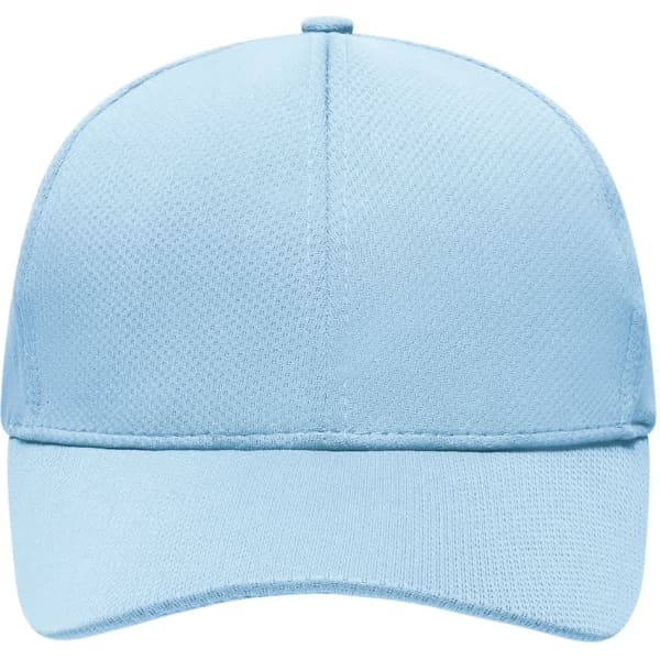 A light blue 6-panel sport mesh cap featuring a curved brim and a logo on the front.
