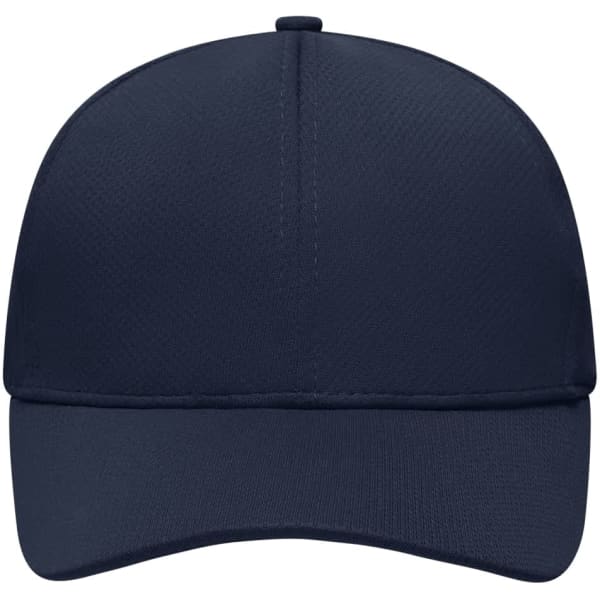 A navy blue 6 panel sport mesh cap with a curved brim and an adjustable strap at the back.