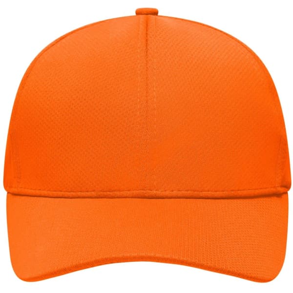 An orange 6-panel sport mesh cap with a curved visor and a logo on the front.
