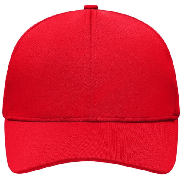 A red 6 panel sport mesh cap with a curved brim and a logo on the front.