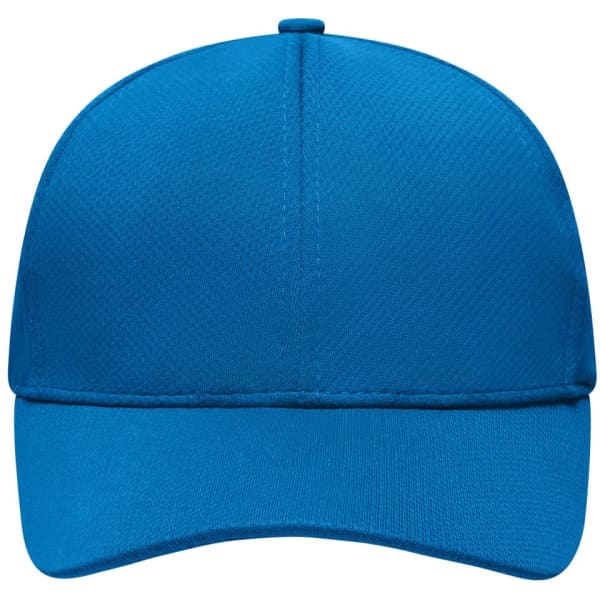 A blue 6-panel sport mesh cap featuring a curved brim and a structured design, with a logo on it.