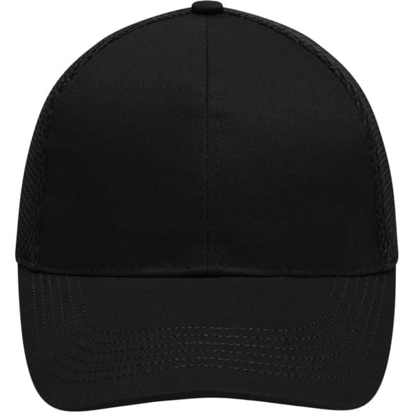 A black 6 panel air mesh cap with a curved brim and an adjustable strap at the back. It features a logo.