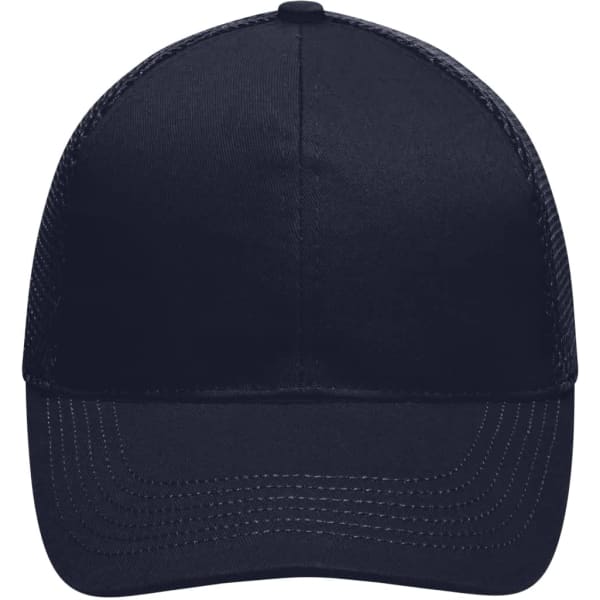 A navy blue 6-panel air mesh cap with a curved brim and a logo on the front.