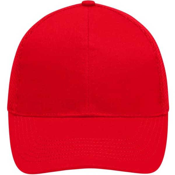 A red 6 panel air mesh cap featuring a structured crown and a curved peak, with a logo on the front.