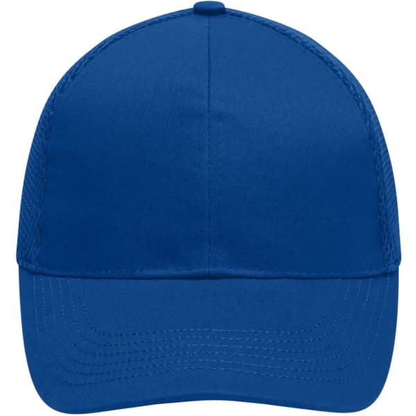 A blue six-panel air mesh cap with a solid front and adjustable back. Features branding on the side.