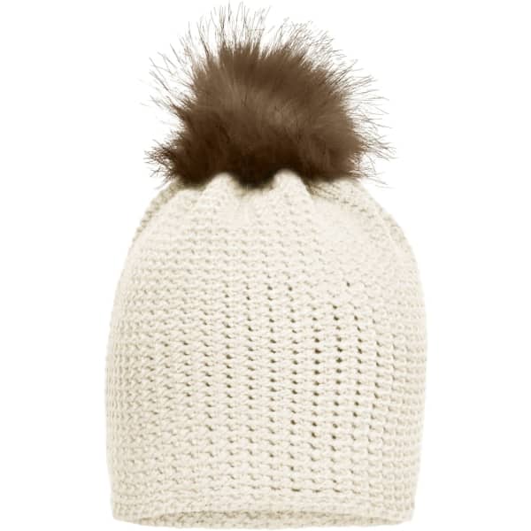 A cream crocheted beanie with a fluffy brown pom-pom on top and a textured design. It features a logo on the inside.