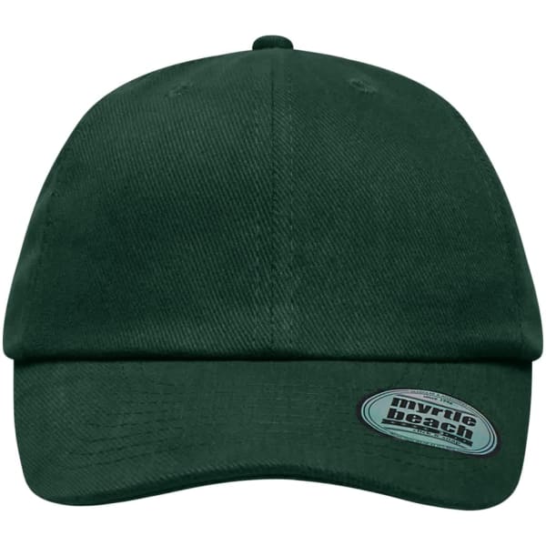 A dark green six-panel heavy brushed cap featuring a logo on the side.
