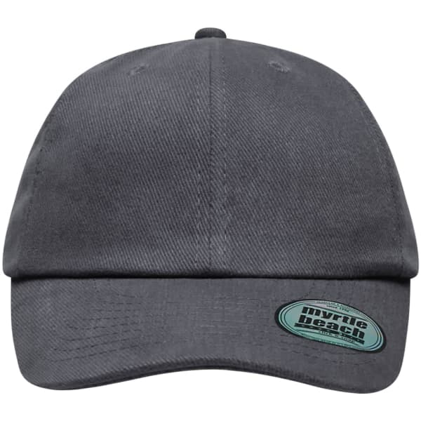 A grey, six-panel heavy brushed cap with a logo on the front, featuring a curved peak.