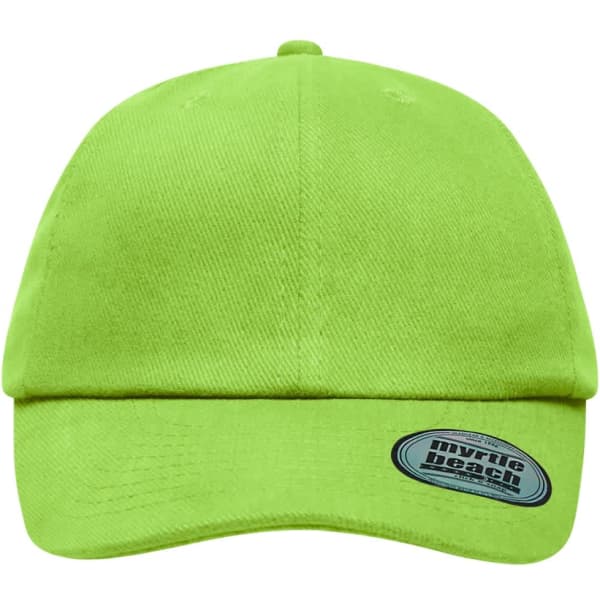 A bright green six-panel heavy brushed cap featuring a logo on the front.