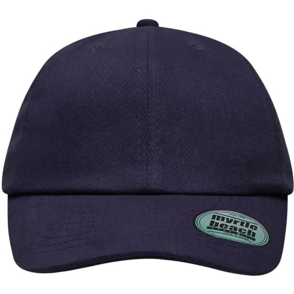 A navy blue 6 panel heavy brushed cap featuring a logo on the side.