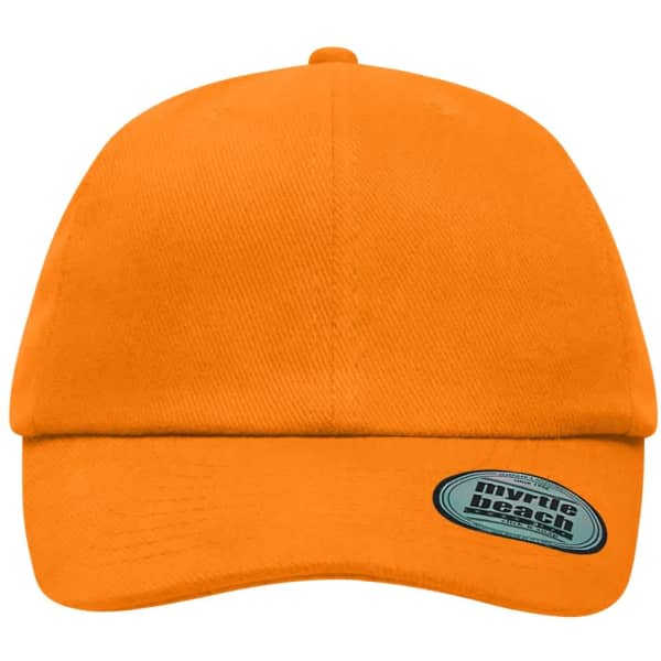 An orange 6-panel heavy brushed cap featuring a curved brim and a logo on the side.