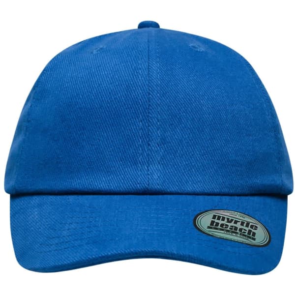 A blue six-panel heavy brushed cap with a curved brim and a logo on the side.