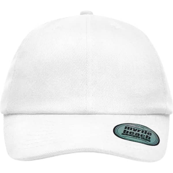 A white six-panel heavy brushed cap with a logo on the front.