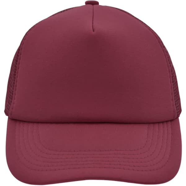 A maroon 5 panel polyester mesh cap with a curved brim and mesh side panels. It features a logo on the front.