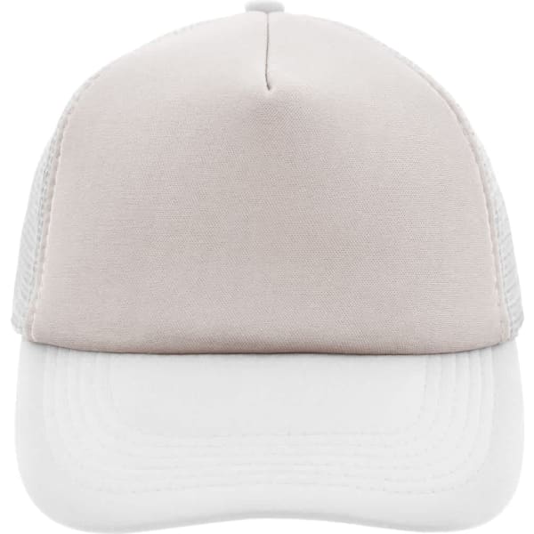 A 5-panel polyester mesh cap in a light beige with a white brim, featuring a logo on the front.