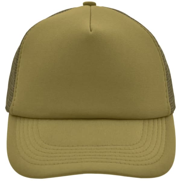 A 5 panel polyester mesh cap in olive green with a structured front and mesh side panels. It features a logo.
