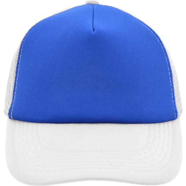 A blue and white 5 panel polyester mesh cap featuring a logo on the front.