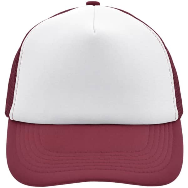 A 5 panel cap in white and burgundy, featuring a mesh back and a logo on the front.