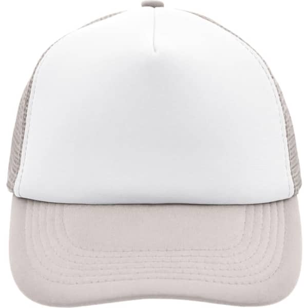 A 5 panel polyester mesh cap in white with a beige front and beige seams, featuring a logo on the side.