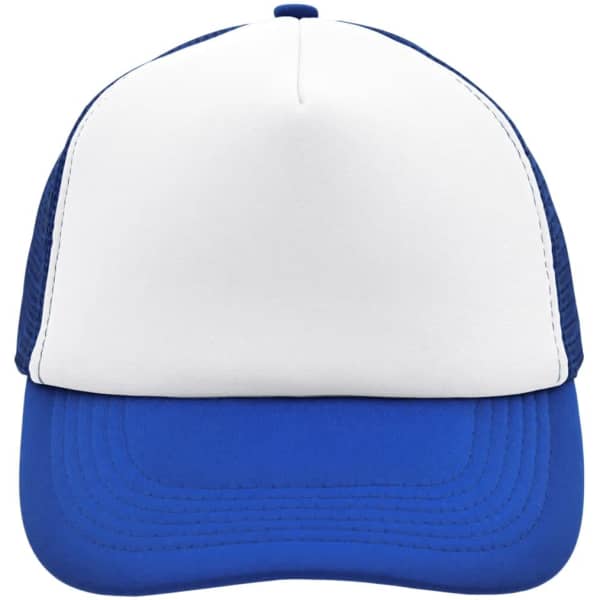 A blue and white 5 panel polyester mesh cap featuring a solid front and mesh sides, with a logo on the front.