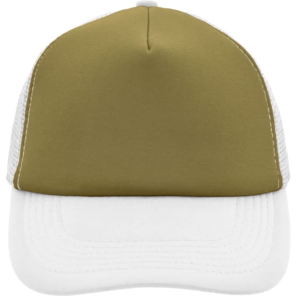 A 5 panel polyester mesh cap featuring an olive green front and white mesh sides and back.