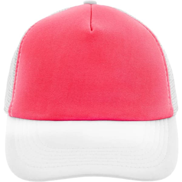 A 5 panel polyester mesh cap in bright coral with a white peak and grey mesh sides, featuring a logo.