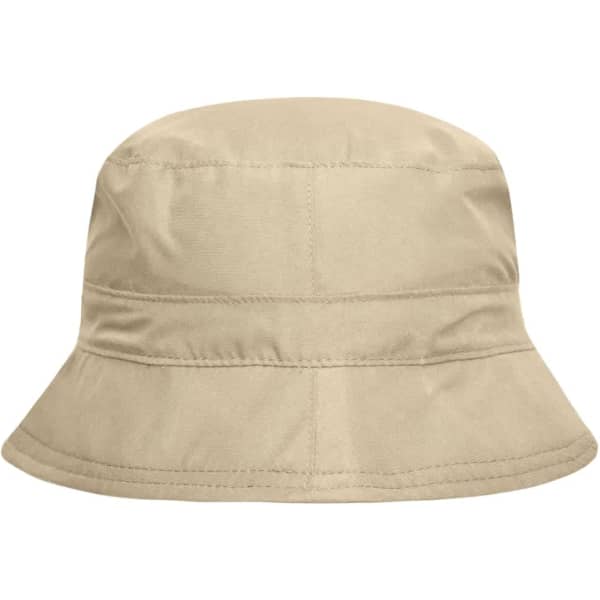 A beige bucket hat featuring a simple design and a logo on the side. Ideal for outdoor activities.