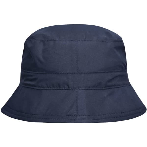 A navy blue bucket hat with a wide brim, featuring a logo on the side.