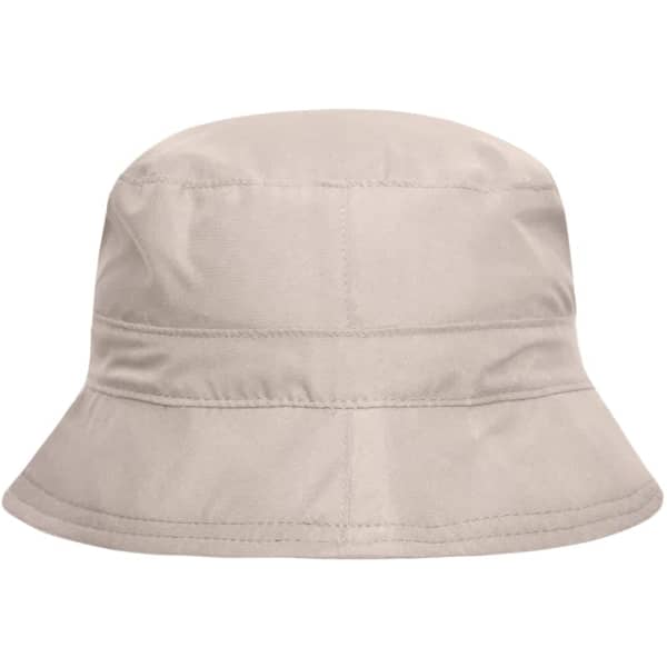 A beige bucket hat with a wide brim and a simple, smooth design. It has a logo on it.